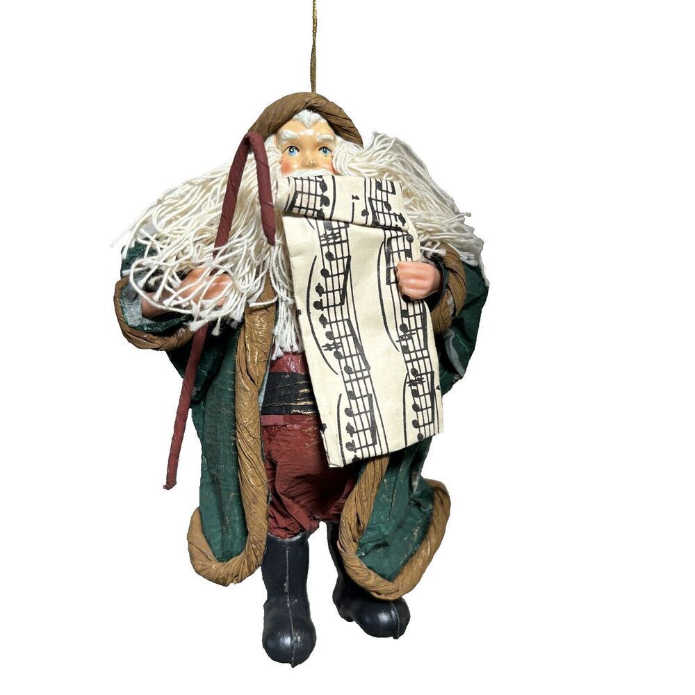 Old World Paper Mache Santa Christmas‎ Ornament Shepherd Cane Music VTG Handmade